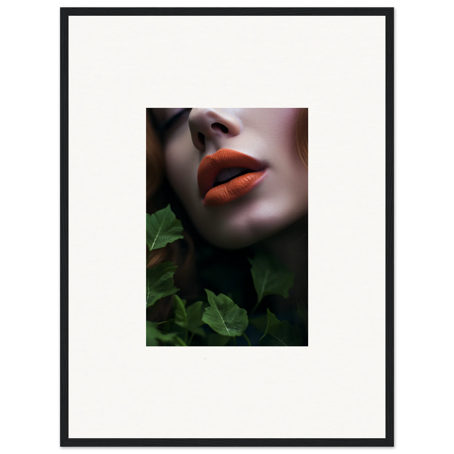 Vibrant red lips and pale skin with green leaves in Euphoric Leaf Symphony wall art