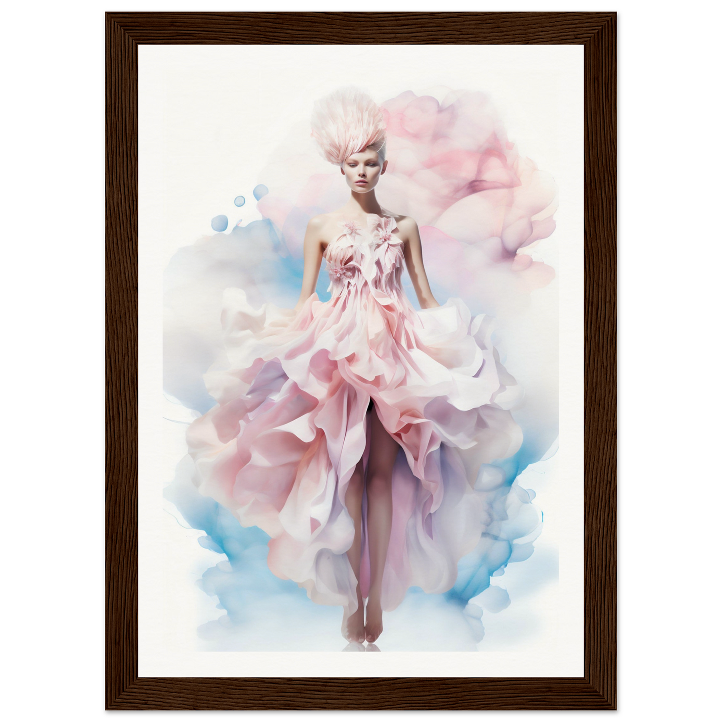 Ethereal watercolor-style painting of a woman in a flowing pink gown.