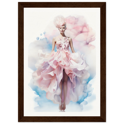 Ethereal watercolor-style painting of a woman in a flowing pink gown.