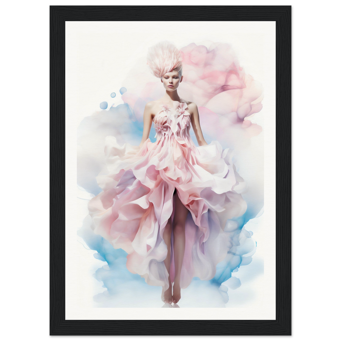 Ethereal fashion illustration of a model in a flowing pink gown with ruffled layers.