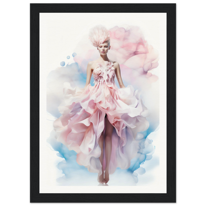 Ethereal fashion illustration of a model in a flowing pink gown with ruffled layers.