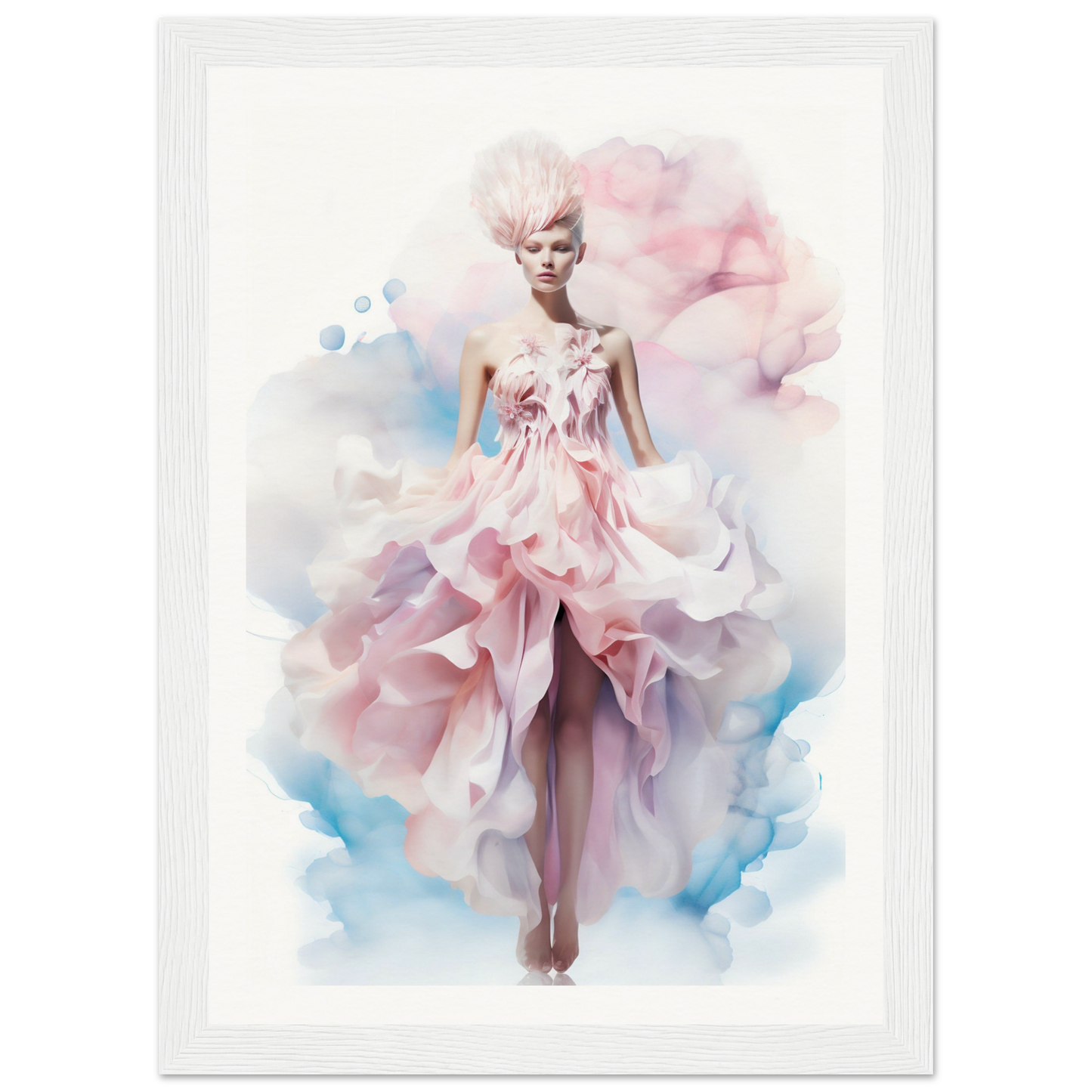 Ethereal fashion illustration of a model in a flowing pink gown with ruffled layers.