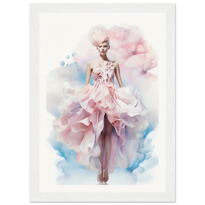 Ethereal fashion illustration of a model in a flowing pink gown with ruffled layers.