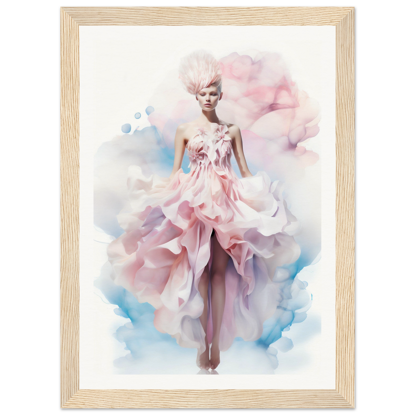 Ethereal watercolor-style painting of a graceful figure in a flowing pink dress.