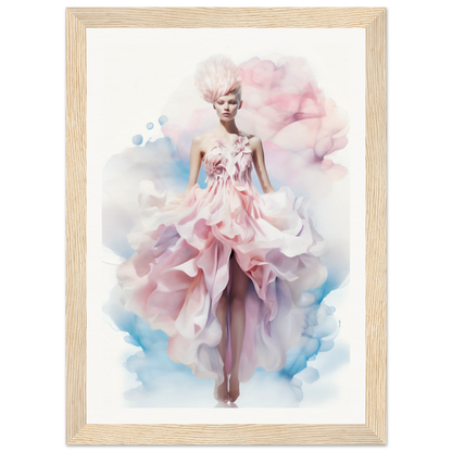 Ethereal watercolor-style painting of a graceful figure in a flowing pink dress.