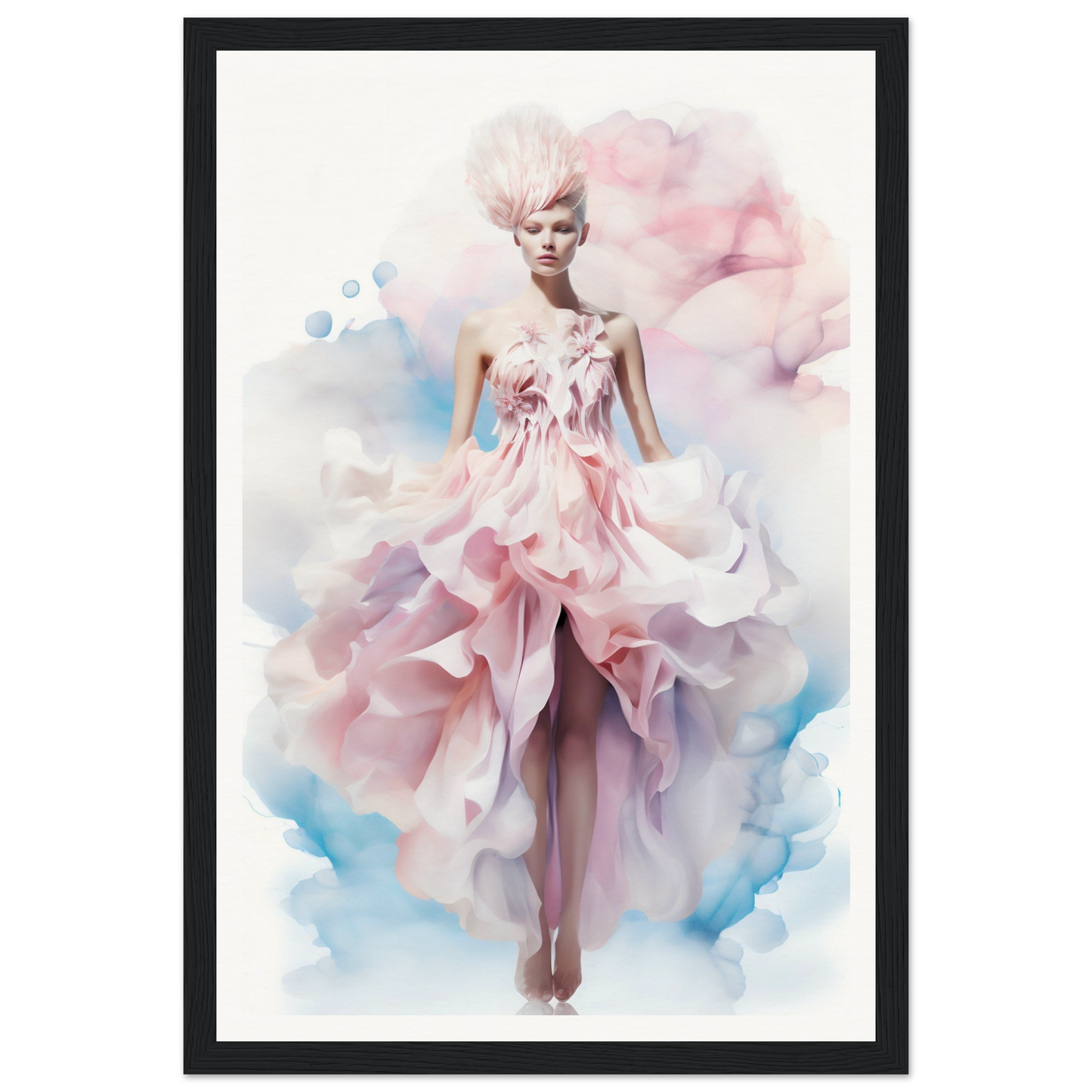 Ethereal fashion illustration of a model in a flowing pink gown with ruffled layers.