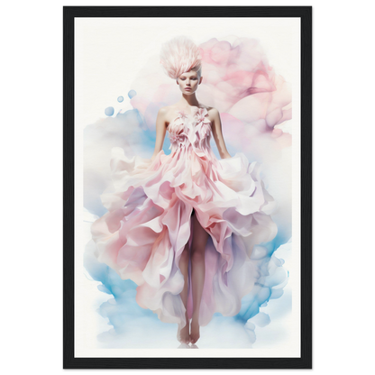 Ethereal fashion illustration of a model in a flowing pink gown with ruffled layers.