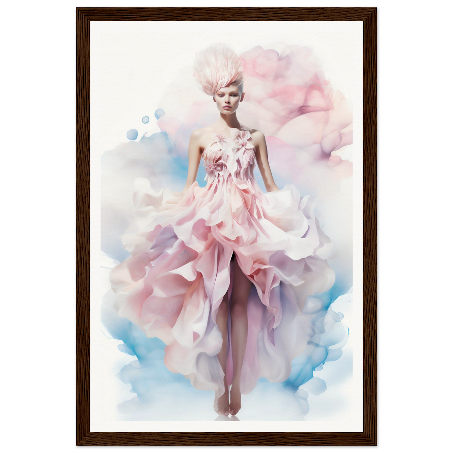 Ethereal fashion illustration of a model in a flowing pink gown with feathery details.