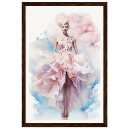 Ethereal fashion illustration of a model in a flowing pink gown with feathery details.