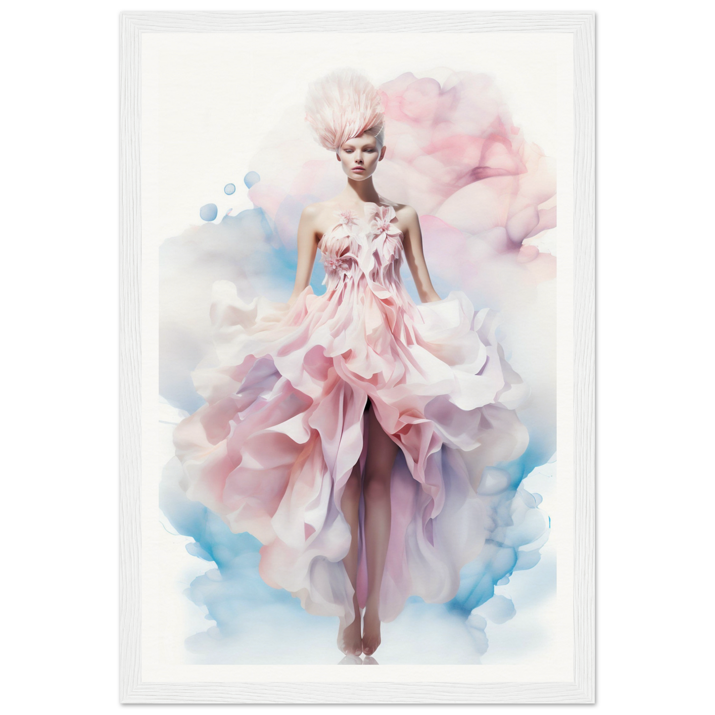 Ethereal fashion model wearing a flowing pink and white gown with ruffles.