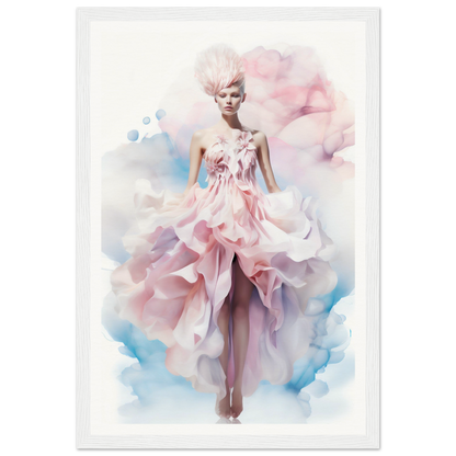 Ethereal fashion model wearing a flowing pink and white gown with ruffles.