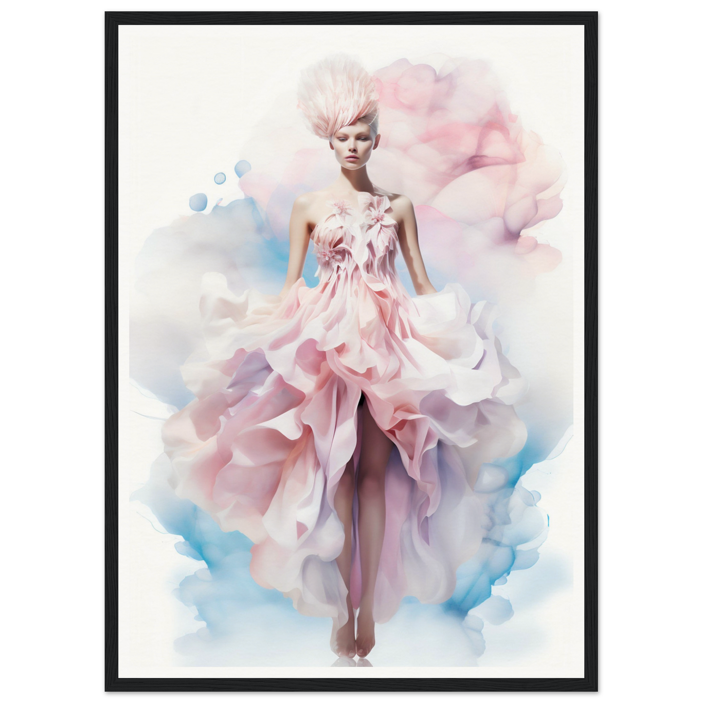 Ethereal fashion illustration of a model in a flowing pink gown with floral details.