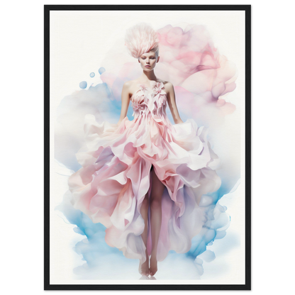 Ethereal fashion illustration of a model in a flowing pink gown with floral details.