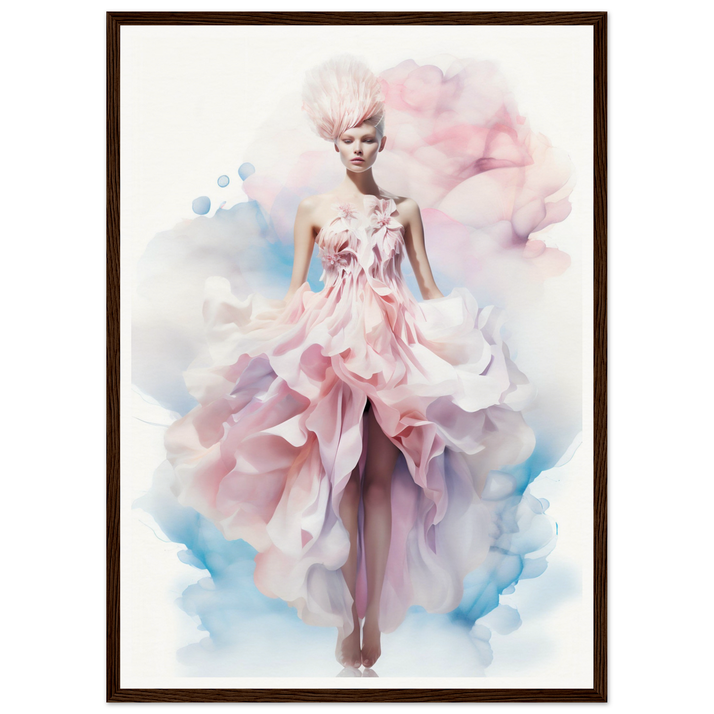 Ethereal fashion illustration of a model in a flowing pink gown with watercolor effects.