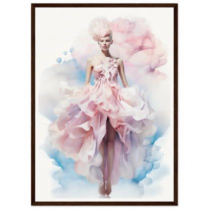 Ethereal fashion illustration of a model in a flowing pink gown with watercolor effects.