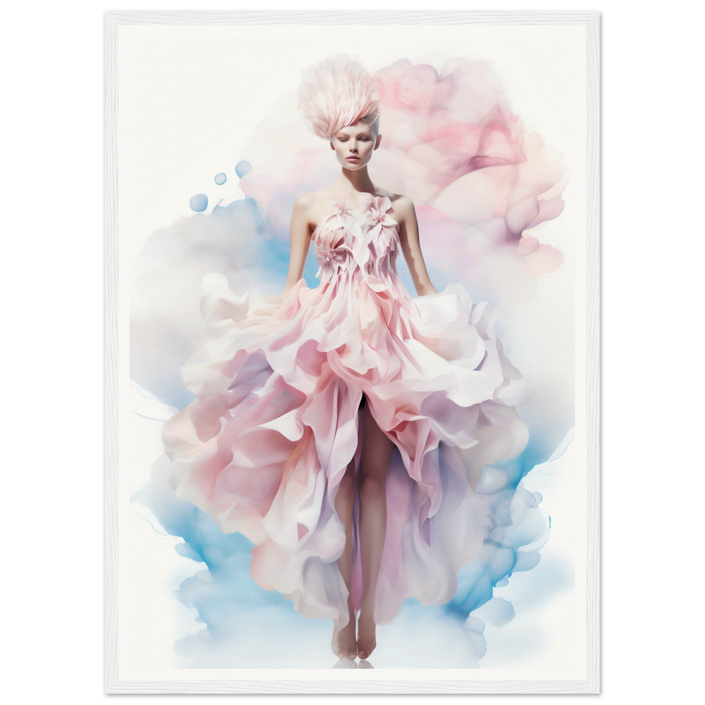 Ethereal fashion illustration of a model in a flowing pink gown with petal-like details.