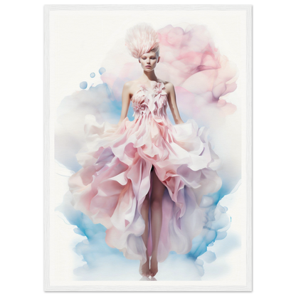 Ethereal fashion illustration of a model in a flowing pink gown with petal-like details.