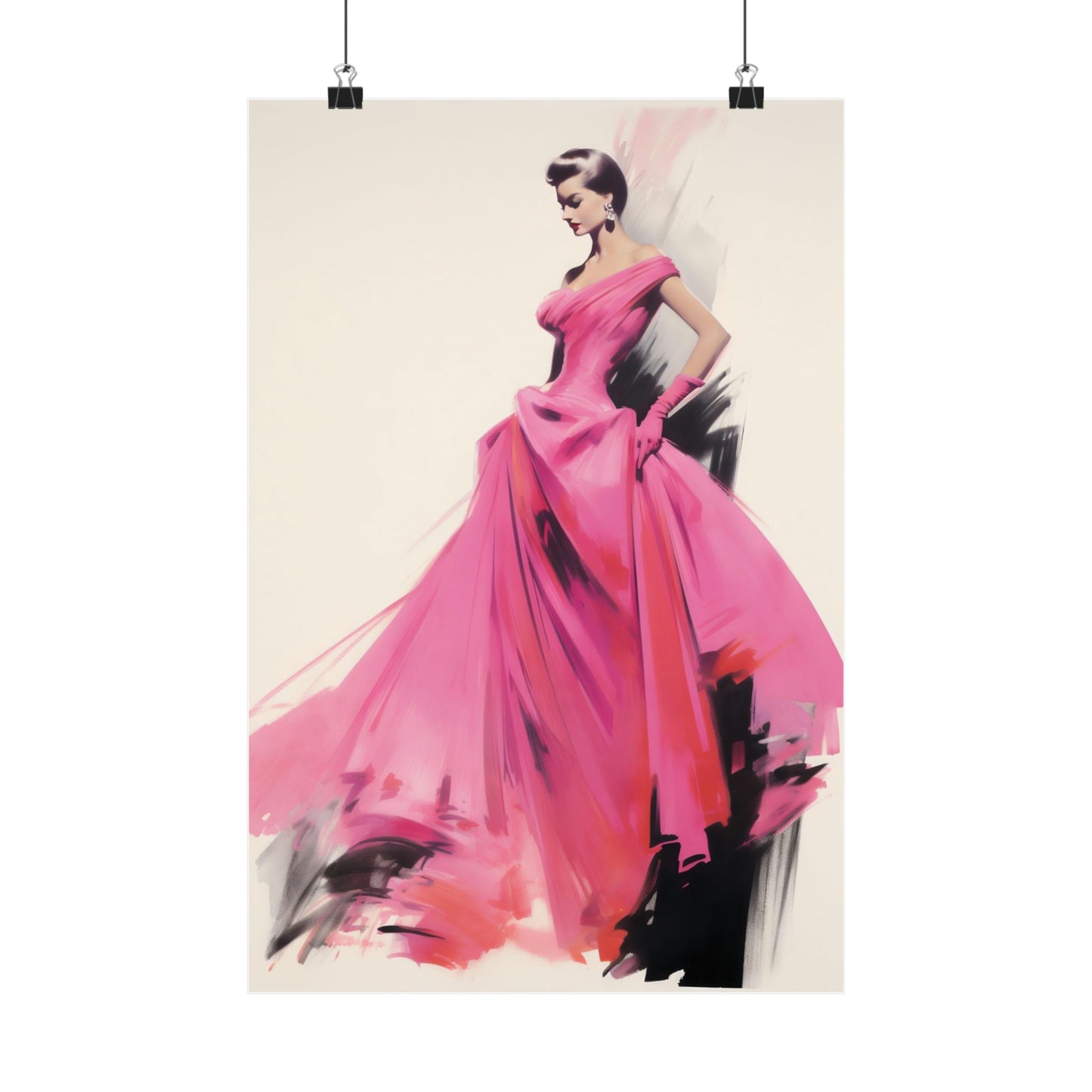 Stylized fashion illustration of a woman in a flowing pink gown.