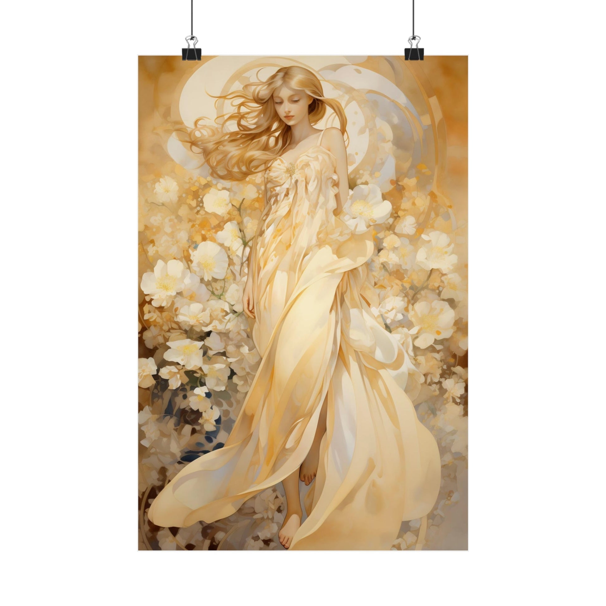 Ethereal painting of a woman in a flowing white dress surrounded by soft, golden light and floral elements.