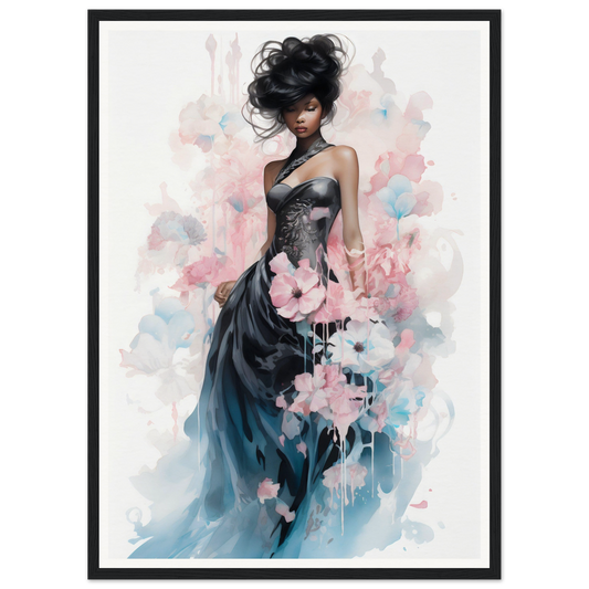 Elegant woman in a flowing blue-gray gown adorned with pink floral accents.