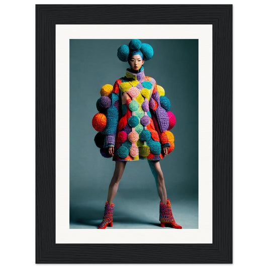 Colorful knitted dress adorned with vibrant pom-poms and geometric patterns.