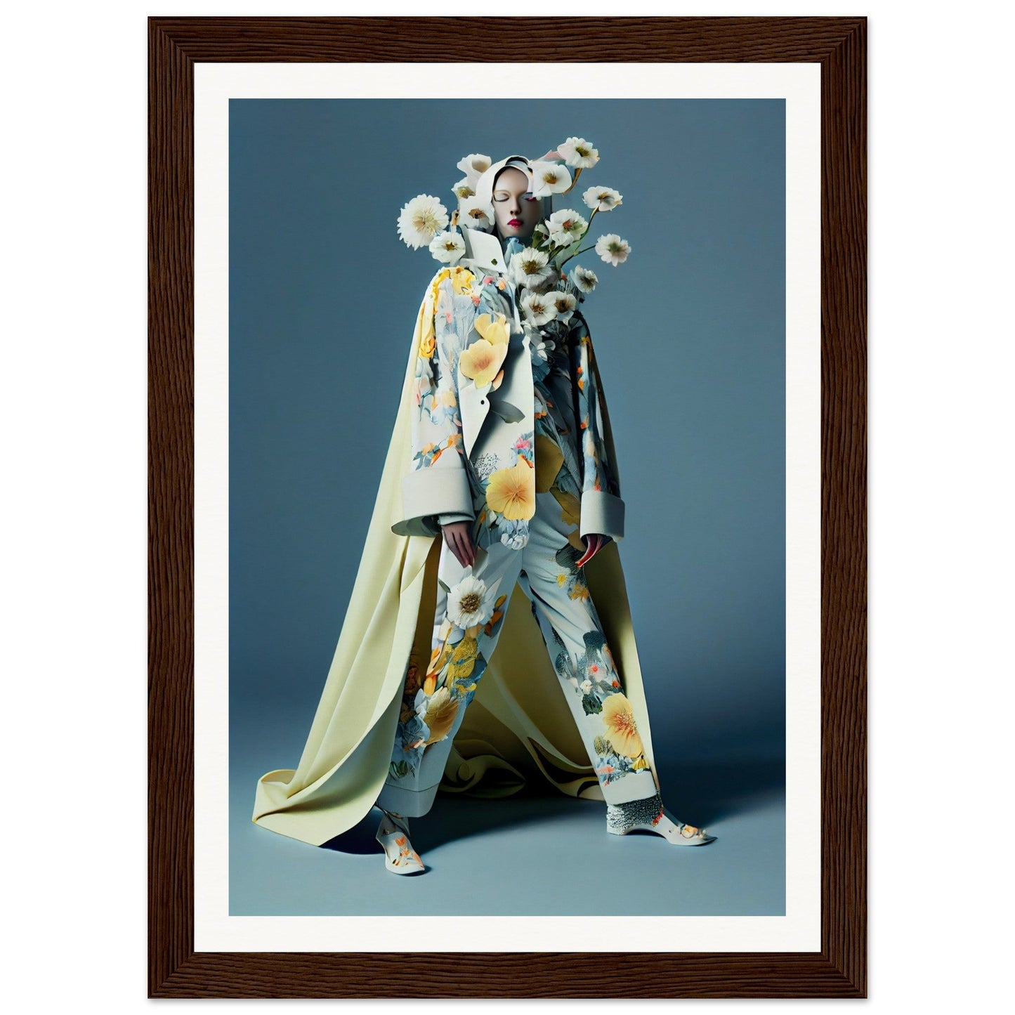 Avant-garde fashion ensemble featuring a floral-patterned coat and headdress with dandelion-like elements.