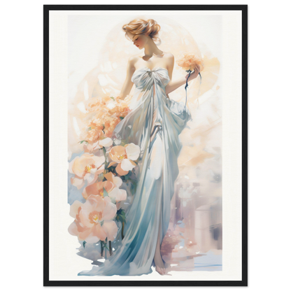 Elegant woman in a flowing blue gown holding a flower, painted in a soft watercolor style.