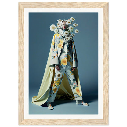 Ornate floral costume with a long cape and headdress featuring dandelion-like pom-poms.