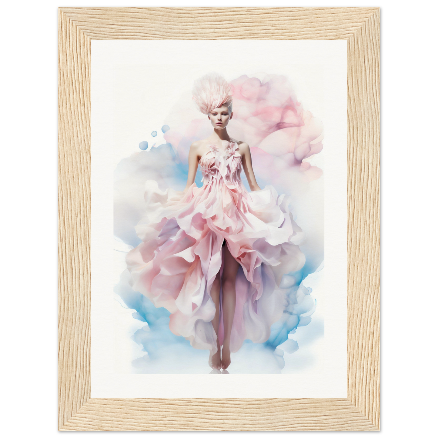 Framed watercolor-style painting of a graceful figure in a flowing pink gown.