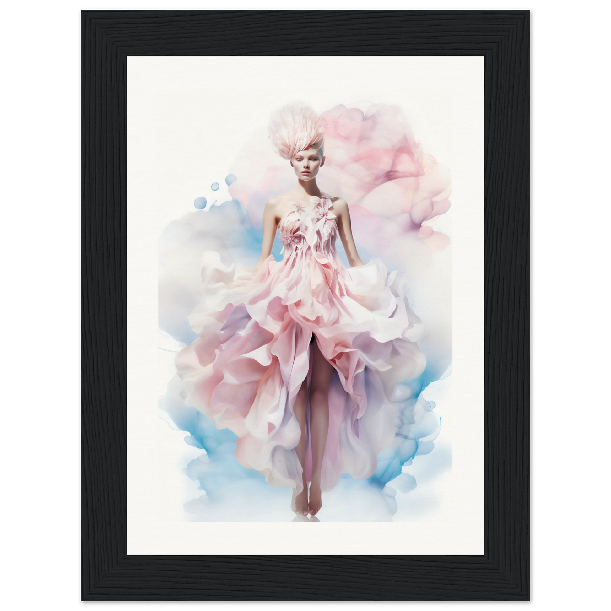 Ethereal figure in a flowing pink gown with ruffled layers.