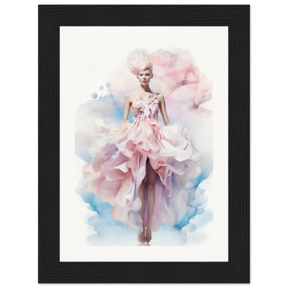 Ethereal figure in a flowing pink gown with ruffled layers.