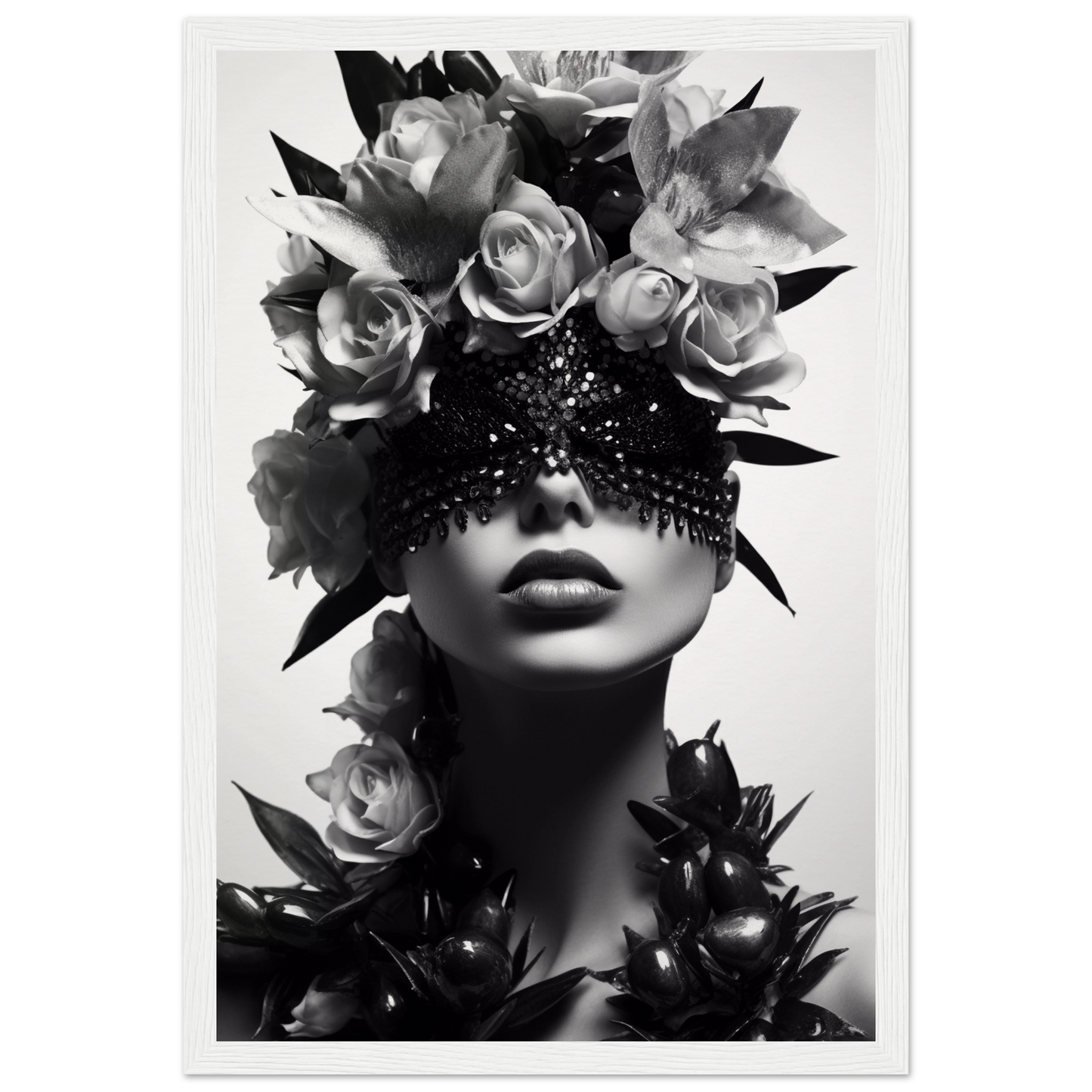 Artistic black and white portrait featuring a figure adorned with roses and a beaded eye covering.