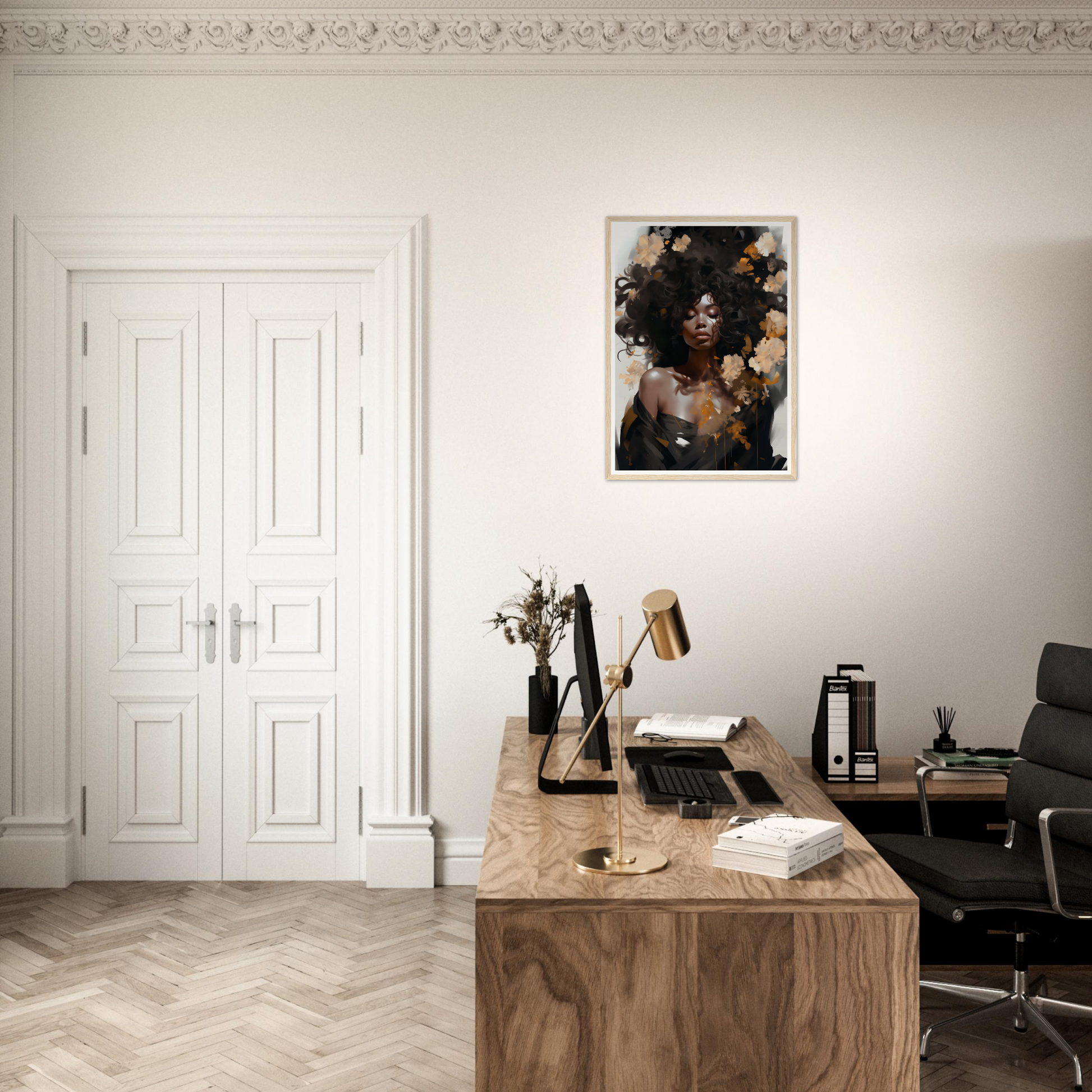 Stylish home office workspace with a wooden desk, office chair, and decorative artwork on the wall.