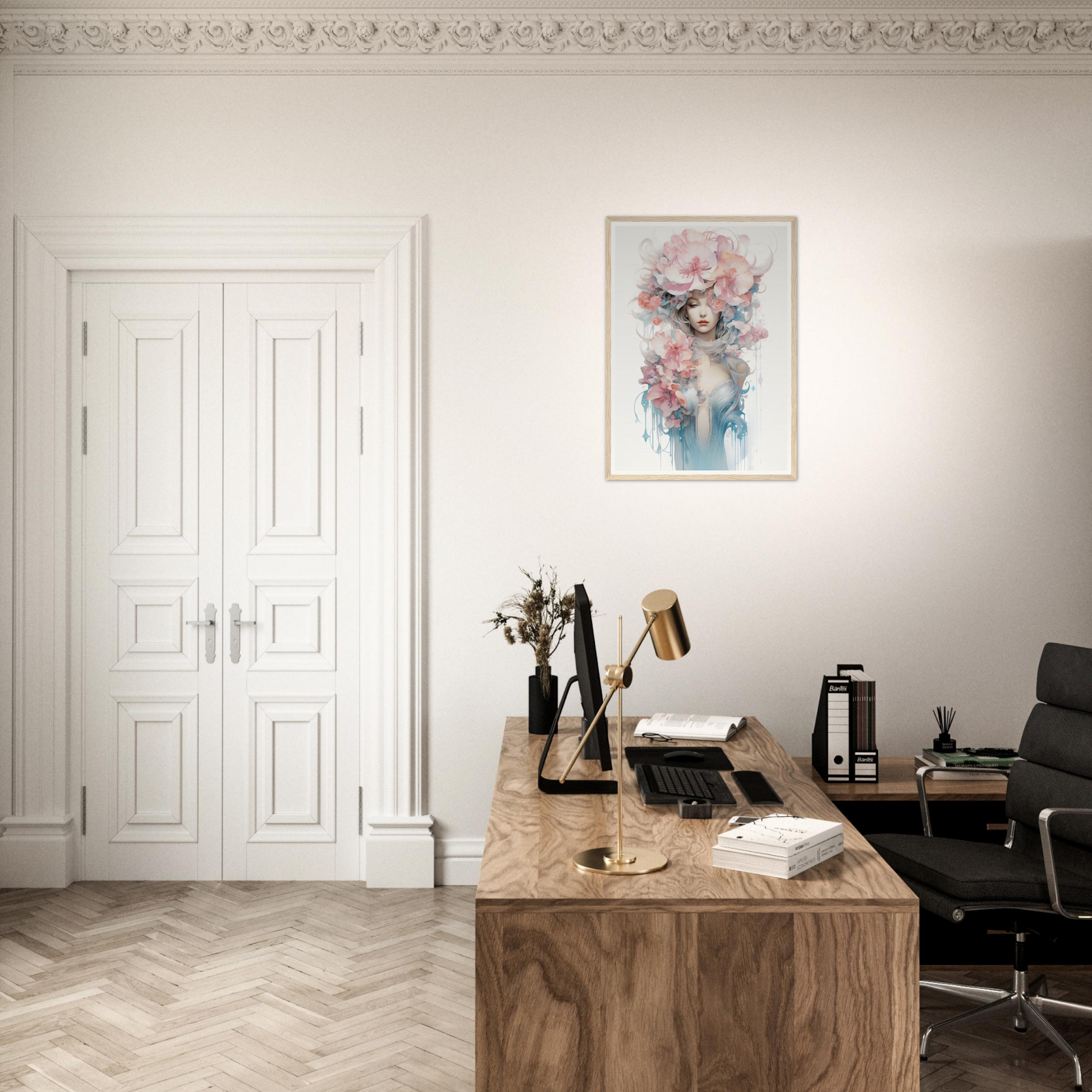 Wooden desk with a typewriter, lamp, and office supplies in a minimalist workspace.