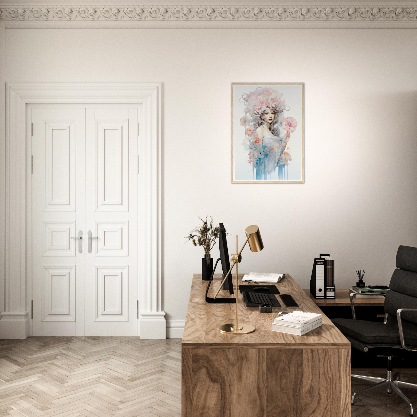 Wooden desk with a typewriter, books, and office supplies in a modern workspace.