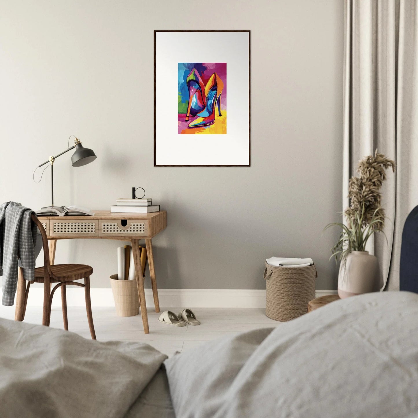 Colorful abstract geometric shapes in framed wall art for stylish room decor