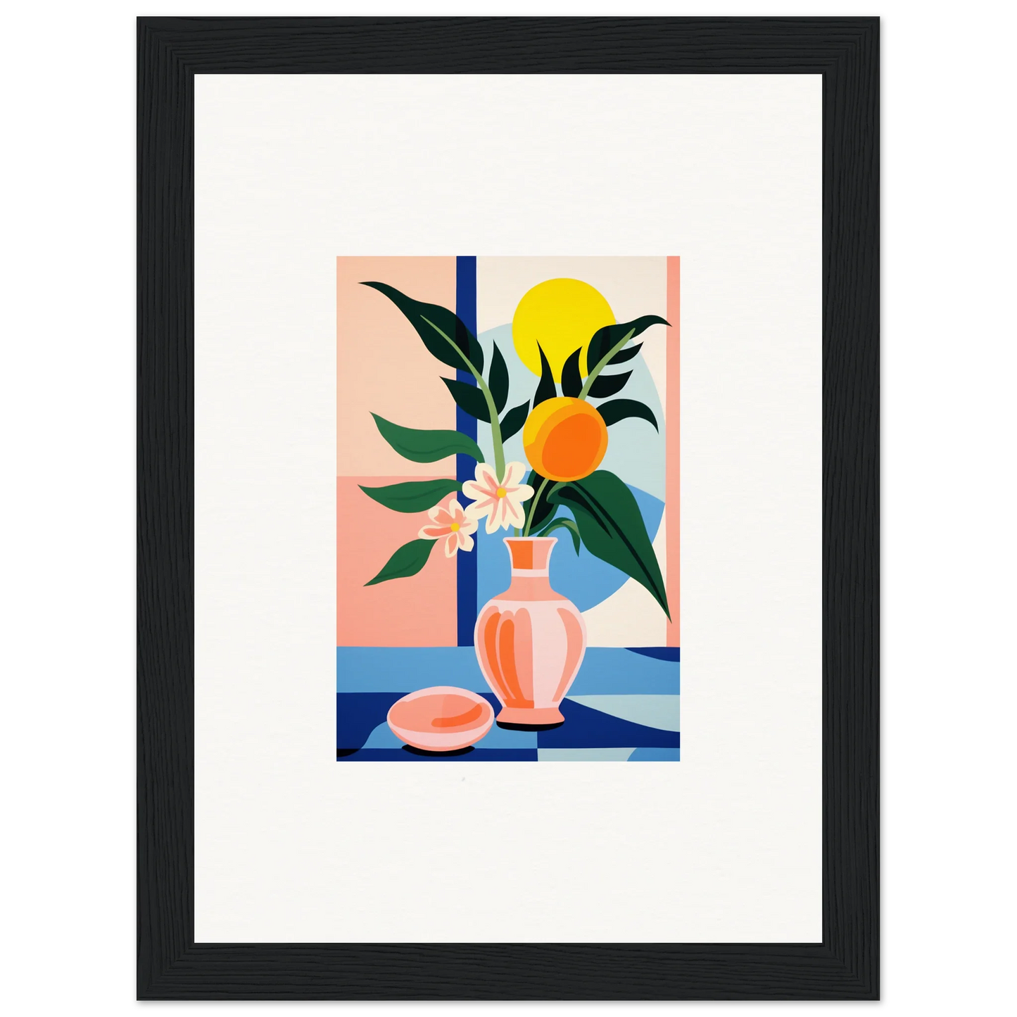 Colorful abstract still life painting of a vase with flowers for room decor and canvas prints