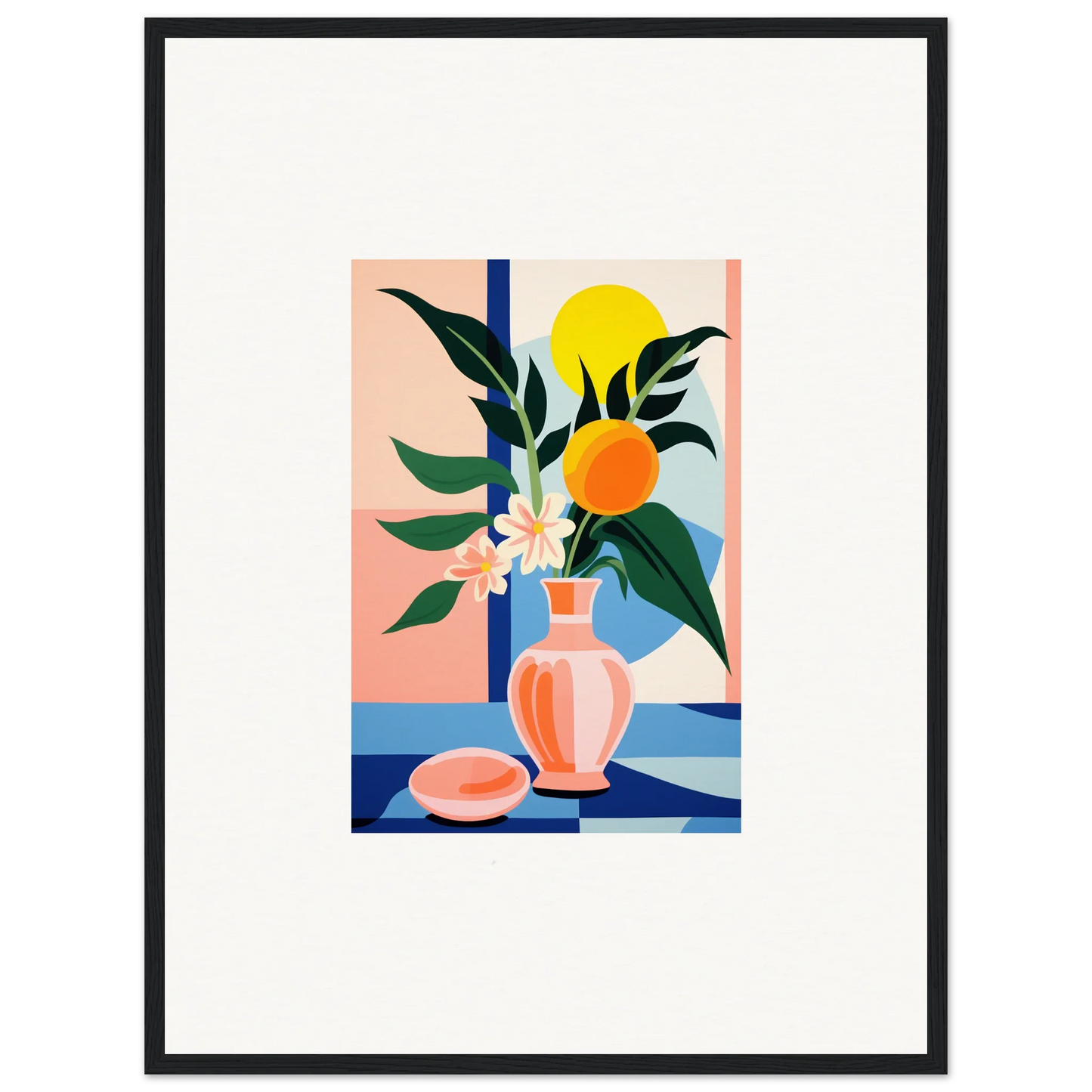 Colorful abstract still life painting of flowers and fruit for vibrant room decor