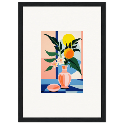 Colorful abstract still life painting of a vase with flowers and fruit for room decor