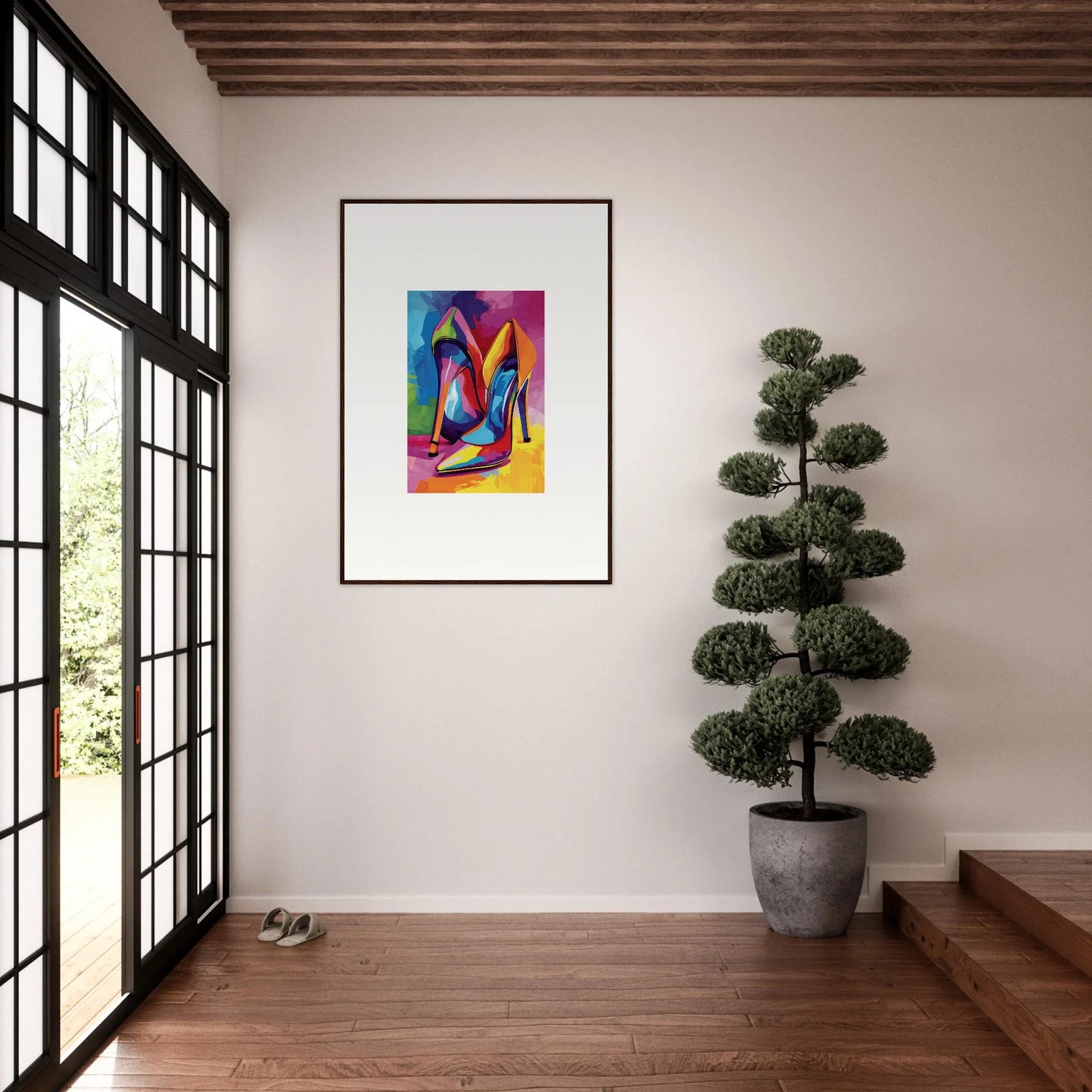 Colorful abstract geometric painting as framed wall art for vibrant room decor