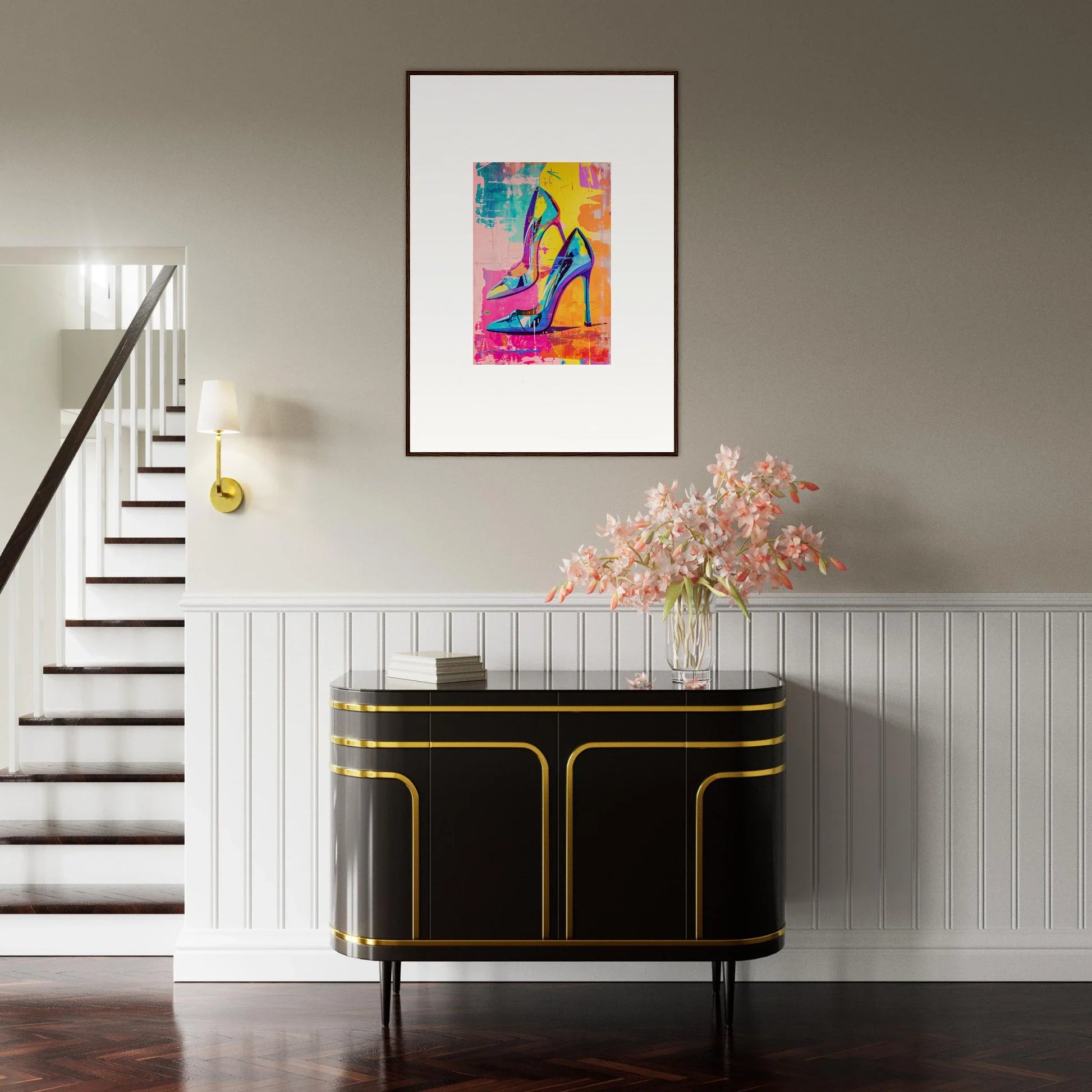 Colorful abstract painting of high-heeled shoes for stylish room decor and heels reverie