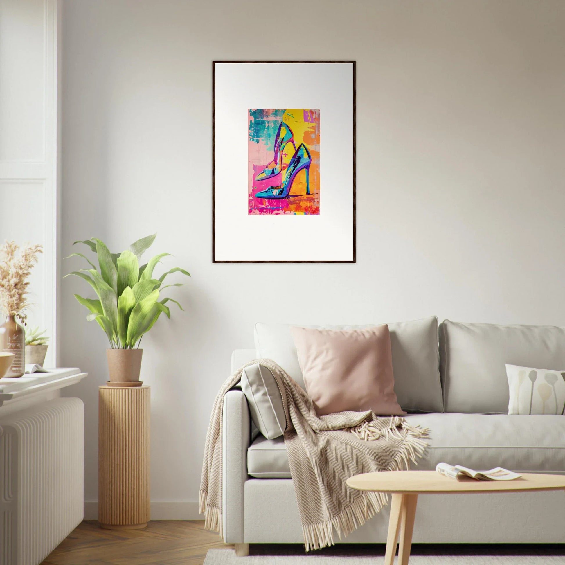 Colorful abstract painting of high-heeled shoes in a wooden frame for room decor