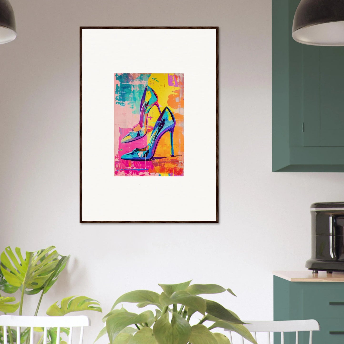 Colorful abstract painting of high-heeled shoes for Heels Reverie framed wall art