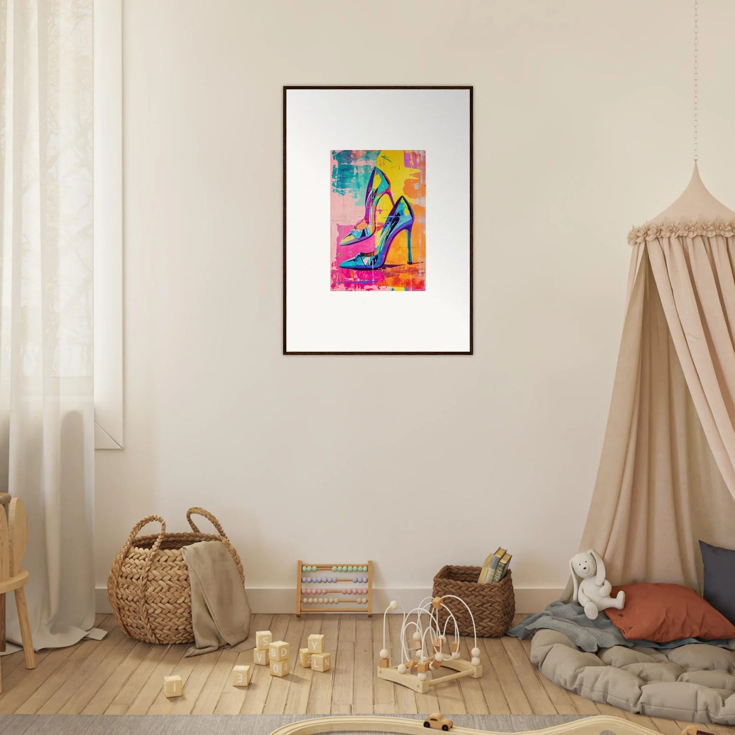 Colorful abstract painting of high-heeled shoe for Heels Reverie room decor