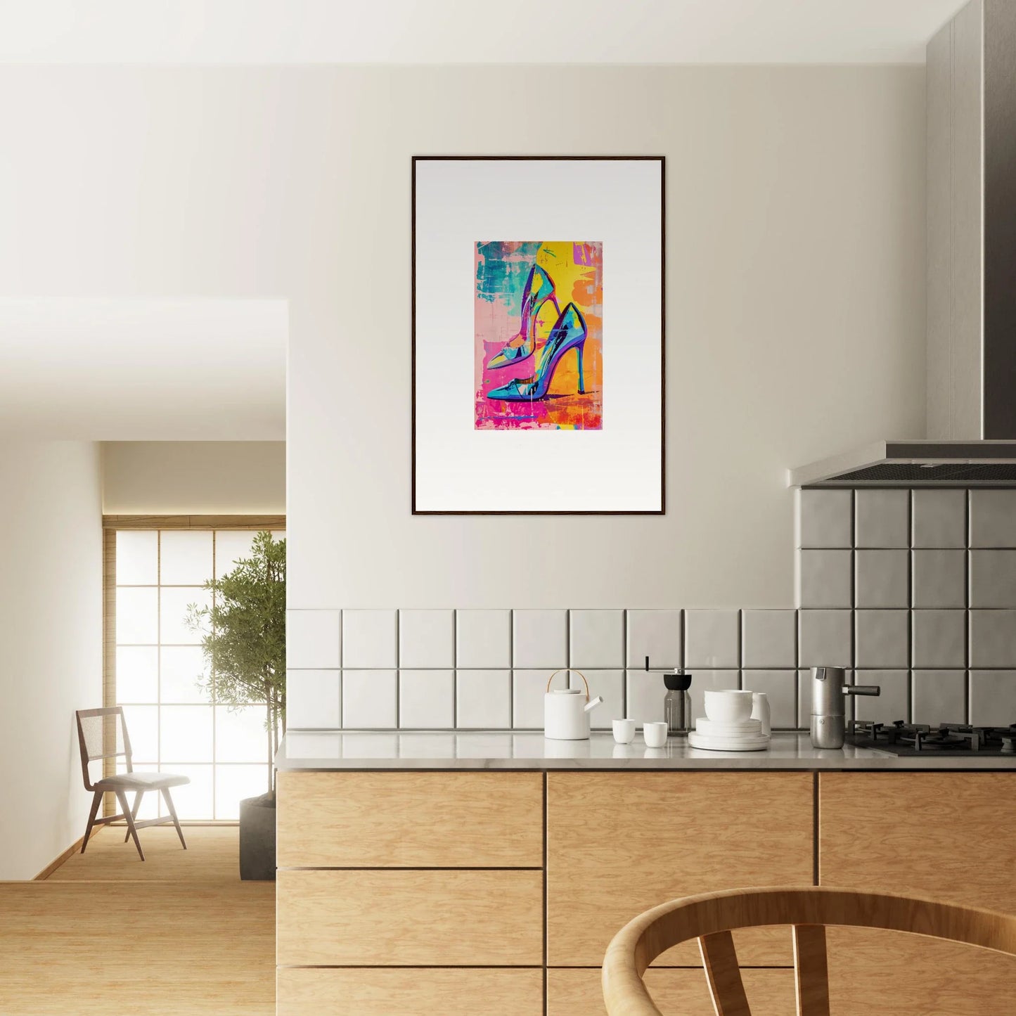 Colorful abstract painting of high-heeled shoe in Ethereal Heels Reverie framed wall art