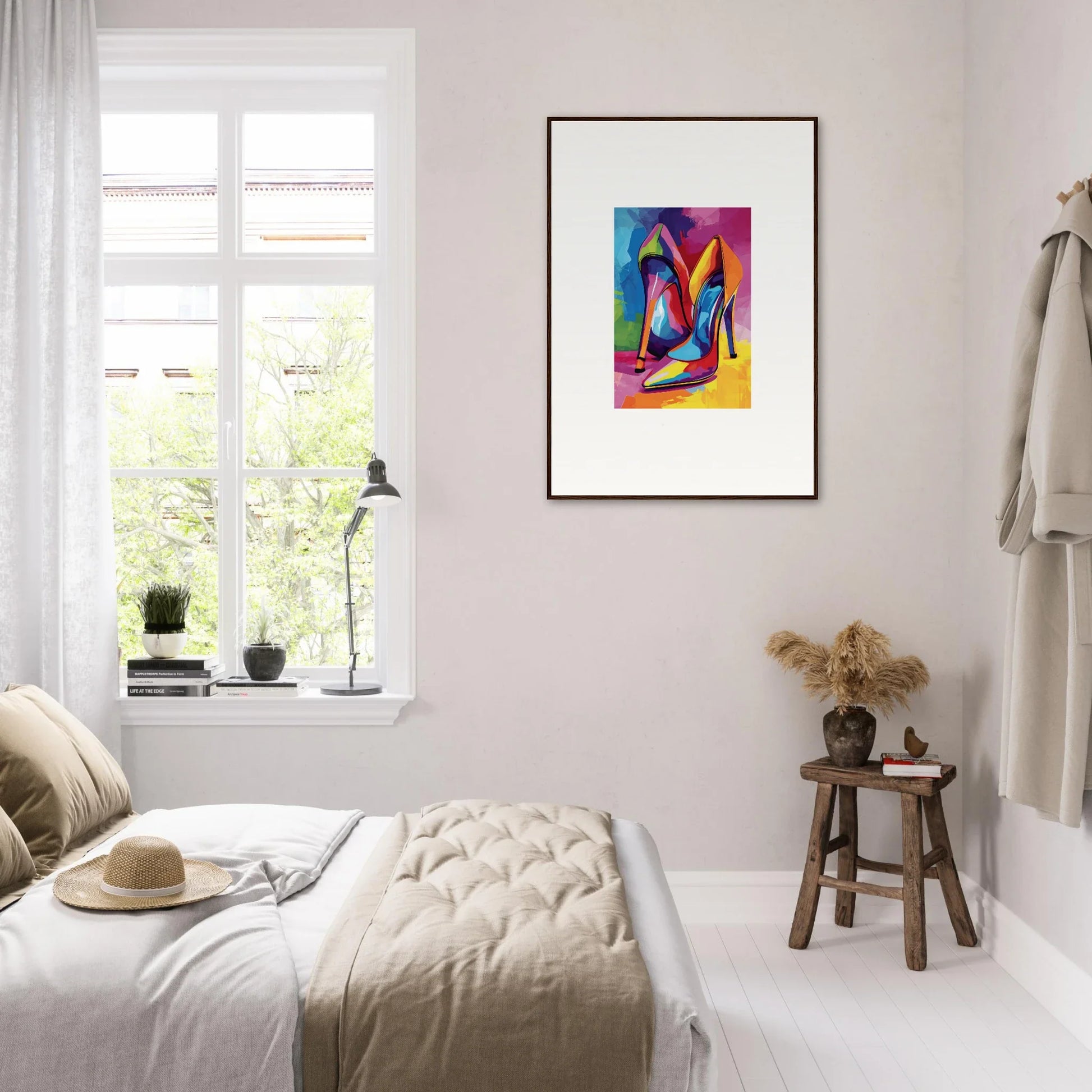 Colorful abstract high-heeled shoes framed wall art for stylish room decor