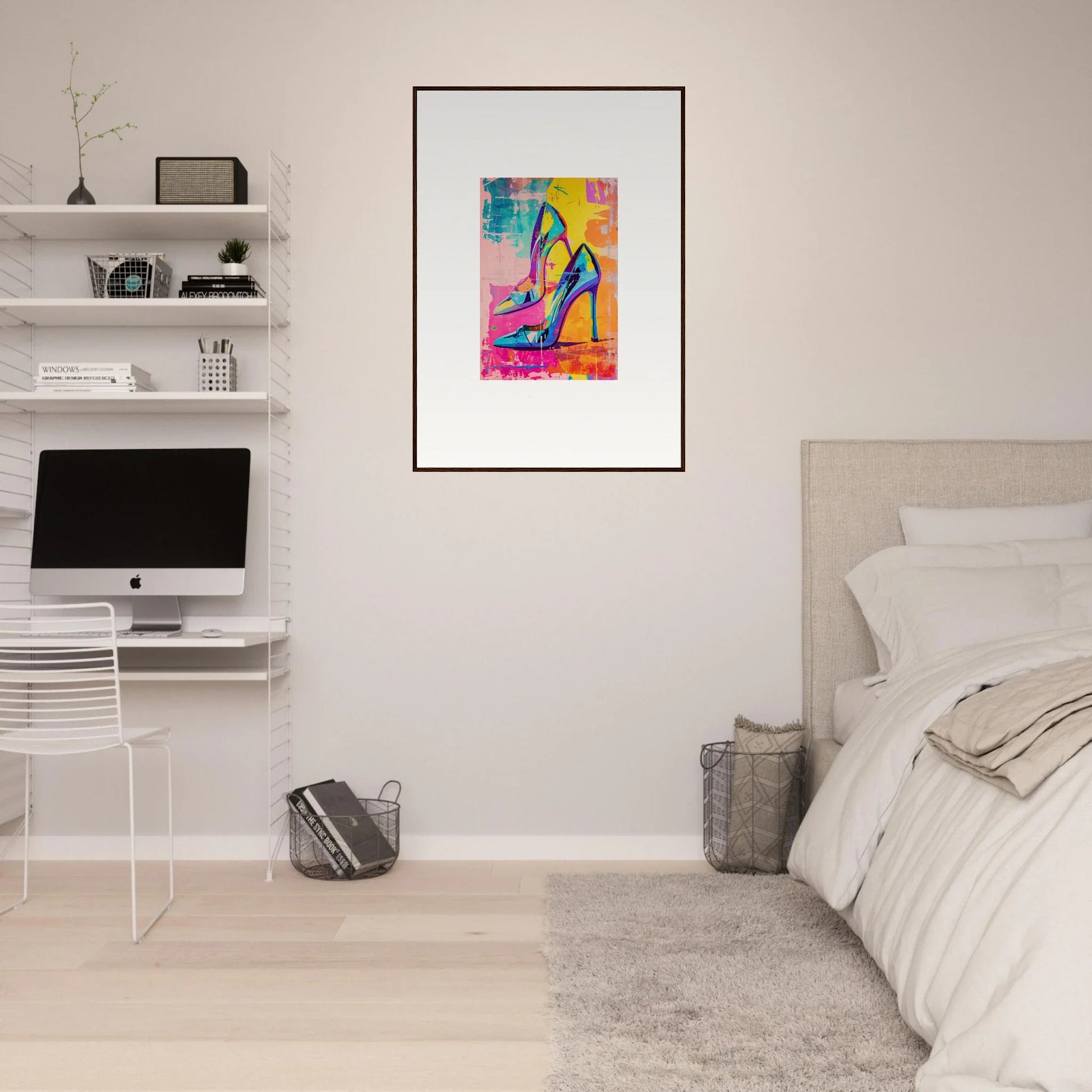 Colorful abstract painting of a high-heeled shoe as framed wall art for Heels Reverie