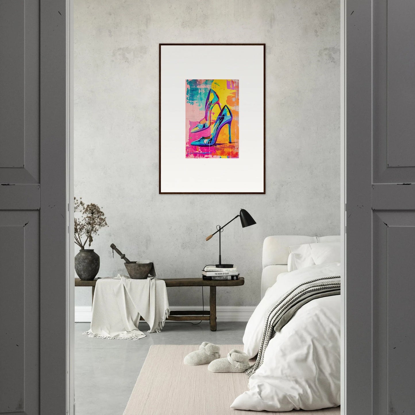 Colorful abstract painting of a high-heeled shoe as framed wall art for Room Decor