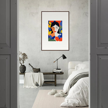 Colorful abstract portrait painting as framed wall art for stylish room decor