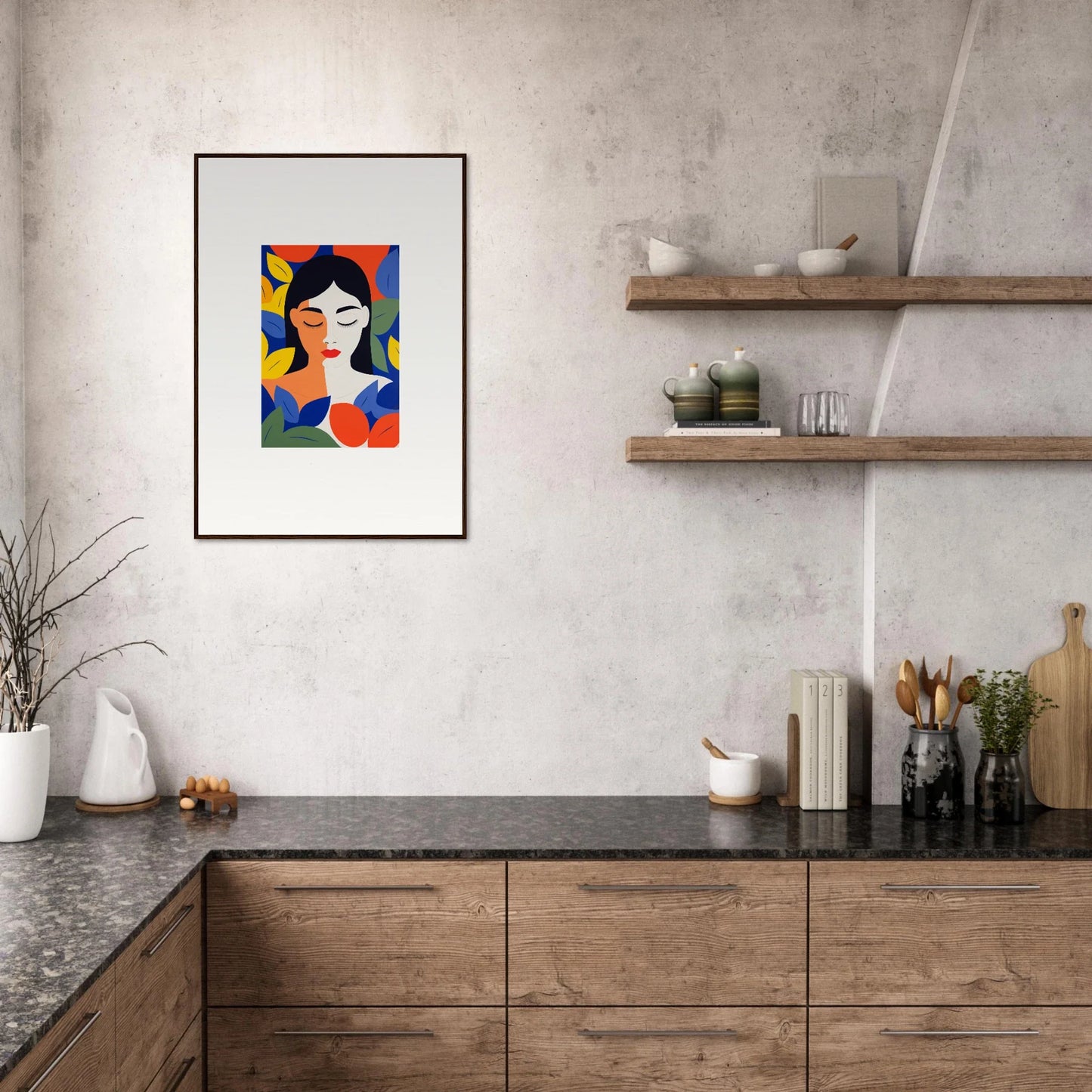 Colorful abstract portrait painting in a white frame for vibrant room decor